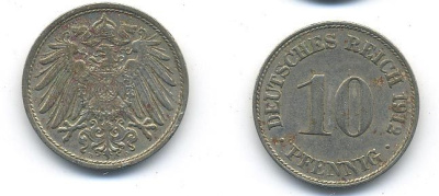 ГЕРМАНИЯ 10 ПФЕННИГОВ 1912 D KM 12, J. 13 медно-никель 58-352