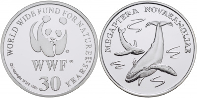 ЕВРОПА МЕДАЛЬ 1986 30 ЛЕТ WWF, КИТ, MEGAPTERA NOVAEANLIAE серебро PROOF 00-00