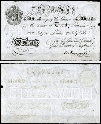 Англия 20 фунтов 1936 Лондон, 20 июля, Операция "Бернхард", фальшивка в ущерб денежному обращению PW № RB173, Pick 337 a  бумага   444-126-1-1