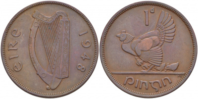 ИРЛАНДИЯ 1 ПЕННИ 1948 КУРИЦА С ЦЫПЛЯТАМИ KM 11 бронза 3457-233