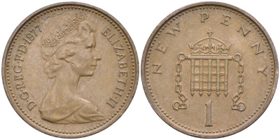 Великобритания 1 пенни 1977 Елизавета II (1952-2022) KM 915, Spink 4237 (B1) бронза 4585-867