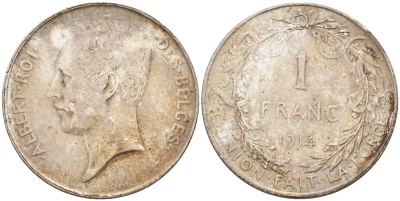 Бельгия 1 франк 1914 Альберт I (1909-1934), Des Belges KM 72 серебро  63-1121