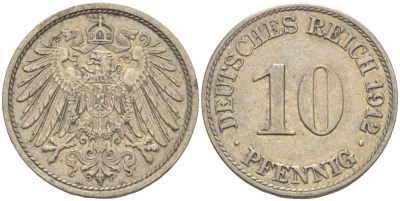 ГЕРМАНИЯ 10 ПФЕННИГОВ 1912 A KM 12, J. 13 медно-никель 33-435
