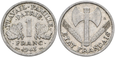 Франция 1 франк 1943 LB, тип Lourde, правительство Виши KM 902.1 алюминий 4142-932