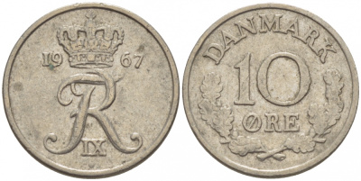 Дания 10 эре 1967 C; S, Фредерик IX (1947-1972) KM 849.1 медно-никель 3309-153