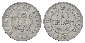 Боливия 50 сентаво 1987 KM 204 нержавеющая сталь 68-552