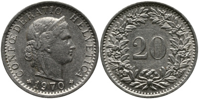 Швейцария 20 раппенов 1970 KM 29a медно-никель 33-257