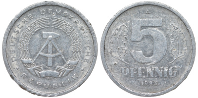 ГДР 5 ПФЕННИГОВ 1983 A КМ 9.2 алюминий 62-444