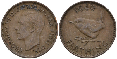 Великобритания 1 фартинг 1949 Георг VI (1936-1952) KM 867, Spink 4119 бронза 4596-969