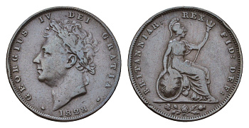 Великобритания 1 фартинг 1828 Георг IV (1820-1830) KM 697, Spink 3825 медь 4174-144
