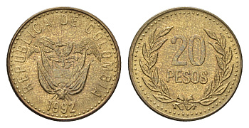 Колумбия 20 песо 1992 KM 282 алюминиевая бронза UNC 4696-1229