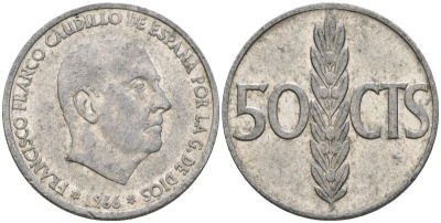 Испания 50 сентимо 1966 (68) Франсиско Франко (1939-1975) KM 795 алюминий 4388-417