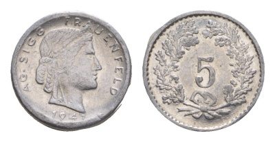 Франция игровой жетон в 5 франков 1947 диаметр 13 мм, вес 0,24 гр алюминий 4651-1223