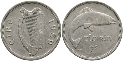 ИРЛАНДИЯ 1 ФЛОРИН = 2 ШИЛЛИНГА 1959 ЛОСОСЬ KM 15а медно-никель 4531-821