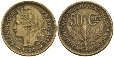 Камерун 50 сантимов 1926 (a), мондвор Париж KM 1 алюминиевая бронза 4164-1258