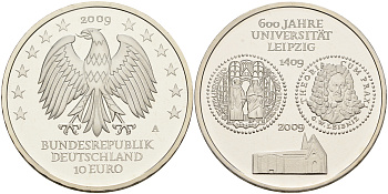 ФРГ 10 евро 2009 A, 600 лет университета Лейпцига KM 282, DE.S. 10.42 серебро PROOF 1076-4-23