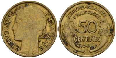 Франция 50 сантимов 1941 тип Морлон KM 894.1, Le Franc 192.15 алюминиевая бронза 4158-711