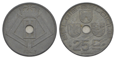 Бельгия 25 сантимов 1943 Belgie - Belgique, Леопольд III (1934-1947), германская оккупация, Вторая мировая война KM 132 цинк 4619-844