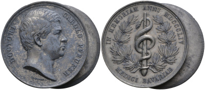 Франция медаль 1854 DOCTORI CAROLA PFEUFER, односторонний оттиск, медальер C. VOIGT, диаметр 45,5 мм., аверс И реверс отдельно цинк 1090-4-32