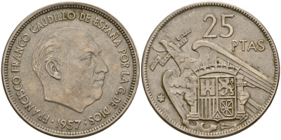 Испания 25 песет 1957 (69) Франсиско Франко (1939-1975) KM 787 медно-никель    4597-141