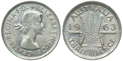 Австралия 3 пенса 1963 m, Елизавета II (1952-2022) KM 57 серебро 71-847
