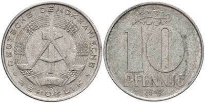 ГДР 10 пфеннигов 1968 A KM 10 алюминий 33-221