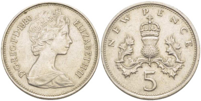 Великобритания 5 пенсов 1980 Елизавета II (1952-2022) KM 911, Spink 4233 (D1) медно-никель 217-944
