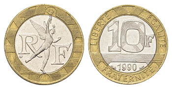 Франция 10 франков 1990 тип гений Бастилии KM 964.1, Le Franc 375.5 биметалл 4704-516