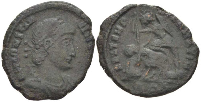 Римская Империя центенионалий 354 - 355 Констанций II, D N CONSTANTIVS P F AVG / император, поражающий персидского всадника, FEL TEMP REPARATIO биллон 1073-17-95