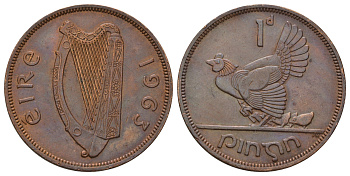Ирландия 1 пенни 1963 курица с цыплятами KM 11 бронза 4512-1135