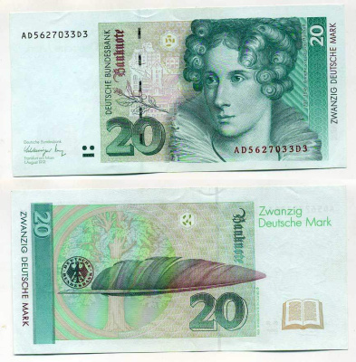 ФРГ 20 МАРОК 1991 ПОДПИСЬ SCHLESINGER-TIETMEYER Pick 39a бумага UNC (ПРЕСС) 6287-26-2