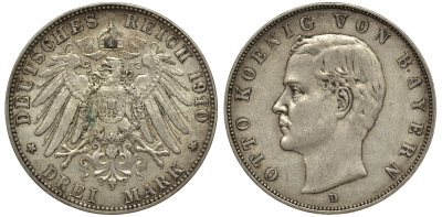 Бавария 3 марки 1910 Отто (1886-1913) Weege 45, J. 47, KM 515 серебро 413-912