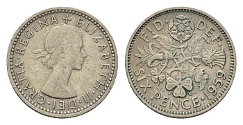 Великобритания 6 пенсов 1959 Елизавета II (1952-2022) KM 903, Spink 4149 медно-никель 100-631