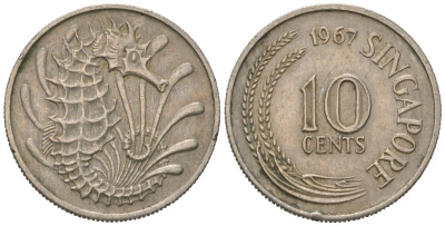 Сингапур 10 центов 1967 морской конек KM 3 медно-никель 4618-821