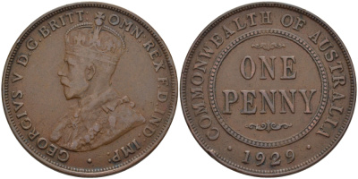 АВСТРАЛИЯ 1 ПЕННИ 1929 ГЕОРГ V KM 23 бронза 82-725