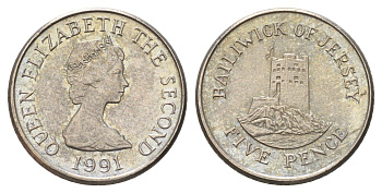 Джерси 5 пенсов 1991 башня Сеймур, Елизавета II (1952-2022) KM 56.2 медно-никель aUNC 4682-526