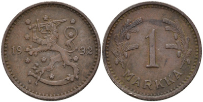 ФИНЛЯНДИЯ 1 МАРКА 1932 S KM 30 медно-никель 4563-634
