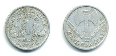 ФРАНЦИЯ 1 ФРАНК 1942 LB, ТИП LOURDЕ, ПРАВИТЕЛЬСТВО ВИШИ KM 902.1, LE FRANC 222.2 алюминий 84-236