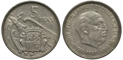 Испания 5 песет 1957 (59) Франко диктатор Испании (1939- 1975) KM 786 медно-никель 186-917