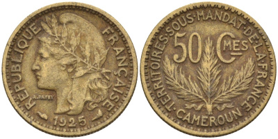 Французский Камерун 50 сантимов 1925 (а), монетный двор Париж KM 1 алюминиевая бронза 4164-1215