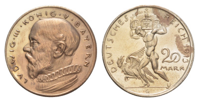 Бавария 20 марок 1913 проба, Людвиг III (1913-1918) KM M5 серебро плакированная медью 1526-1035