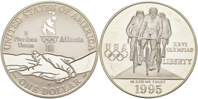 США 1 доллар 1995 Р, XXVI Олимпийские игры в Атланте, велоспорт KM 263 серебро PROOF 1091-7-52