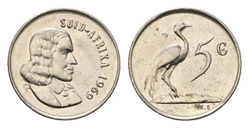 ЮАР 5 центов 1969 Ян ван Рибек (1619-1677), Suid Africa, легенда на африкаанс, райский журавль KM 67.2 медно-никель UNC 4694-426