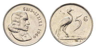 ЮАР 5 центов 1969 Ян ван Рибек (1619-1677), Suid Africa, легенда на африкаанс, райский журавль KM 67.2 медно-никель UNC 4694-426