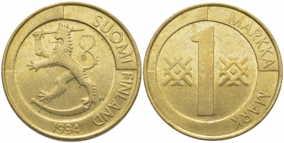 ФИНЛЯНДИЯ 1 МАРКА 1994 M KM 76 алюминиевая бронза 4448-347