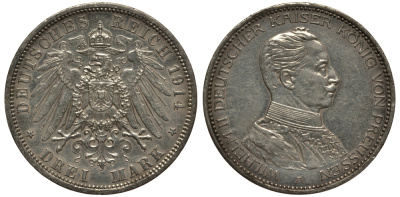 Пруссия 3 марки 1914 Вильгельм II (1888-1918) в мундире KM 538, J.113 серебро 3711-545