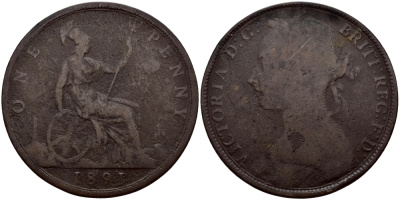Великобритания 1 пенни 1891 Виктория (1837-1901) KM 755, Spink 3954 бронза 41-225