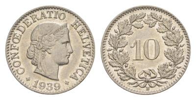 Швейцария 10 раппенов 1939 B KM 27b никель 4627-1155