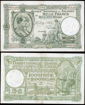 Бельгия 1000 франков = 200 бельгас 1943 Pick 110 бумага 451-150-1