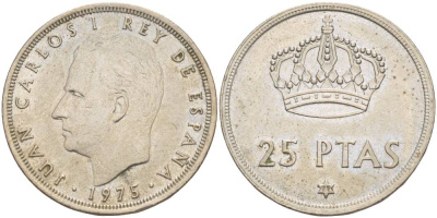 Испания 25 песет 1975 (77) Хуан Карлос I (1975-2014) KM 808 медно-никель 4551-957